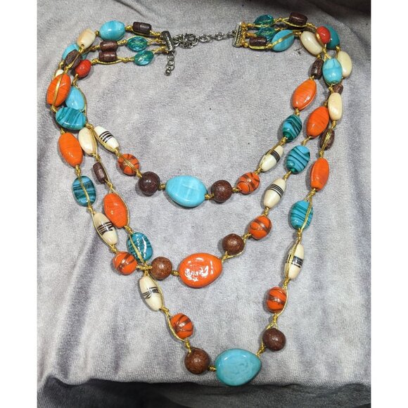 Bohemian Multilayer Blue And Orange Glass And Wood Beaded Necklace - Picture 9 of 10